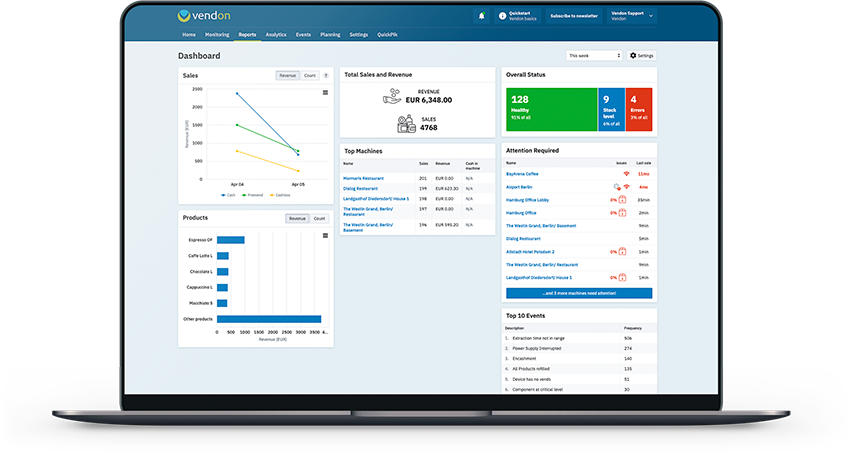 An open laptop with its screen showing the dashboard of Vendon vending machine telemetry system