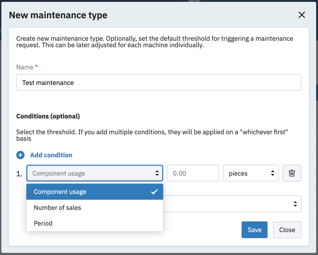 Vendon telemetry solution Preventative Maintenance types in Vendon Cloud