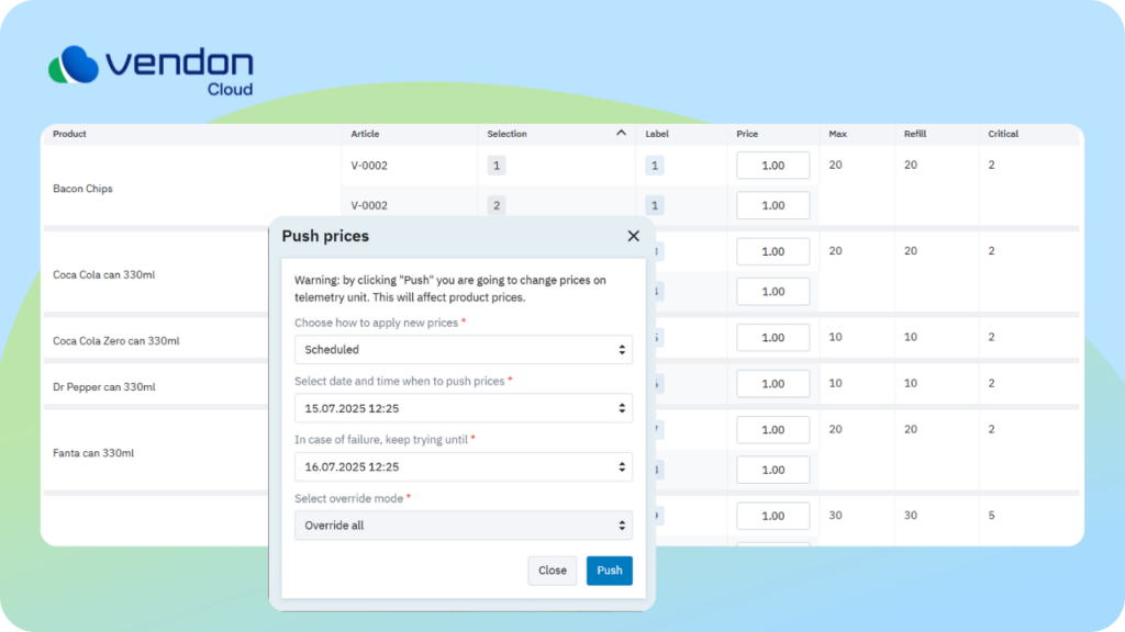 Remote price change for vending and coffee machines – the screen of Vendon Cloud