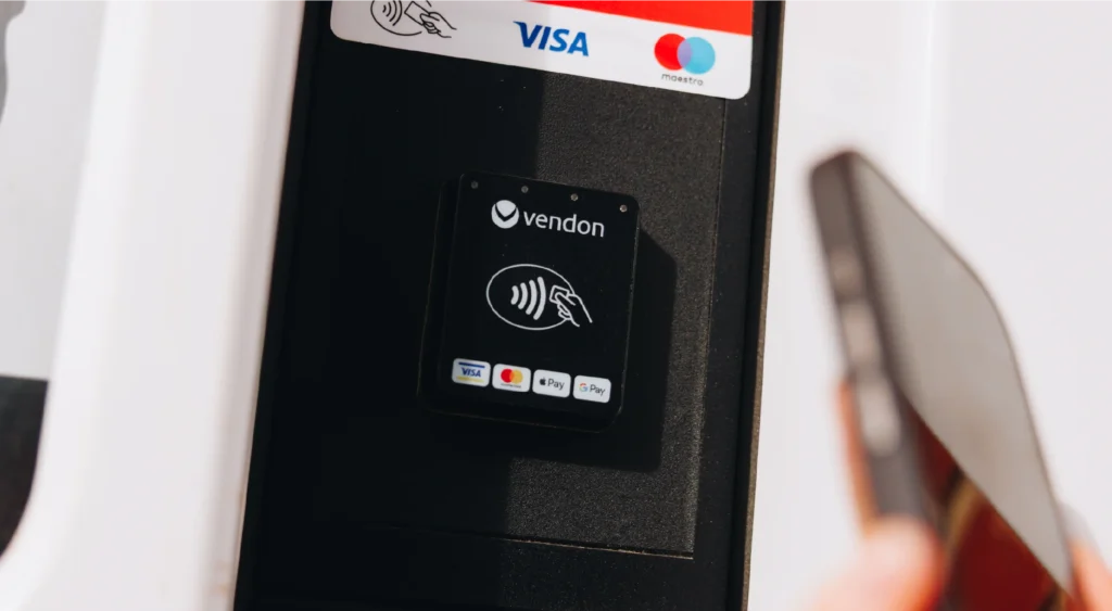 Vendon contactless card reader mounted on vending machine close-up