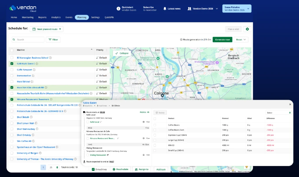 Dynamic route planning Vendon Cloud