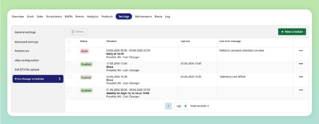 Vendon Cloud price schedule showing current and new prices for selected coffee machine products