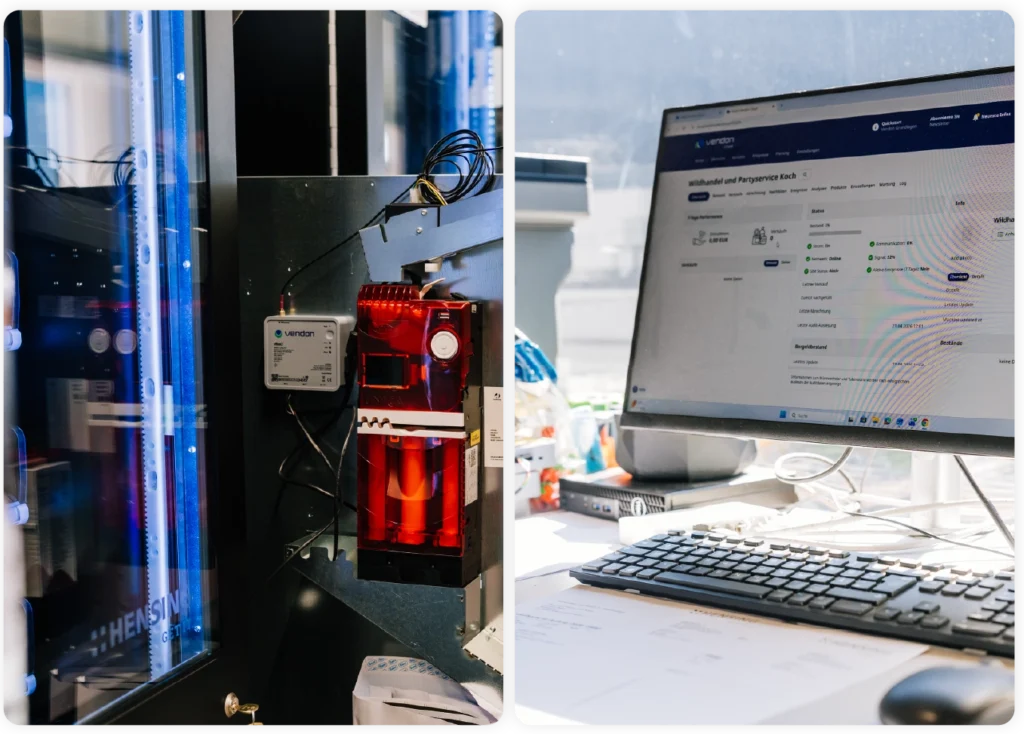 vBox telemetry device installed in Hensing’s technical room with Vendon Cloud open on a nearby screen.