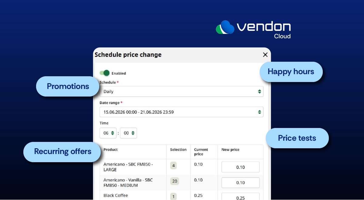 Vendon Cloud Price Change Scheduler showing active, expired and failed price schedules