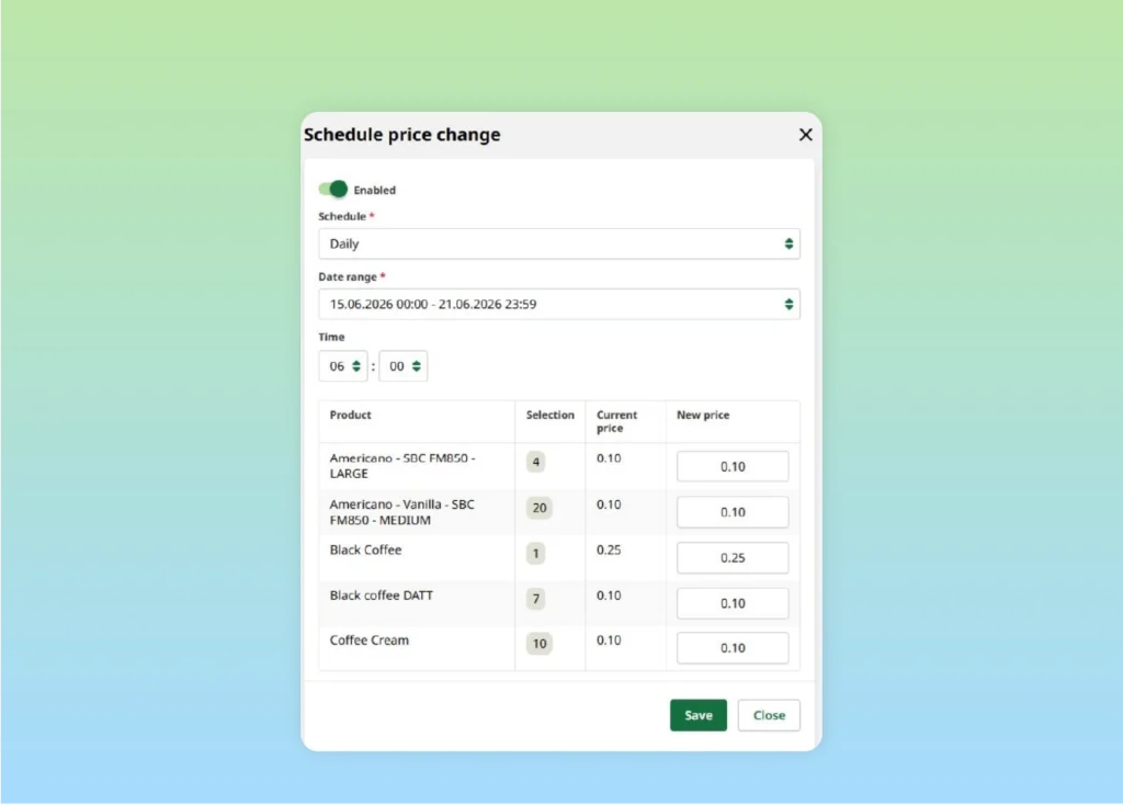 Vendon Cloud form for setting price-change frequency, date range and application time