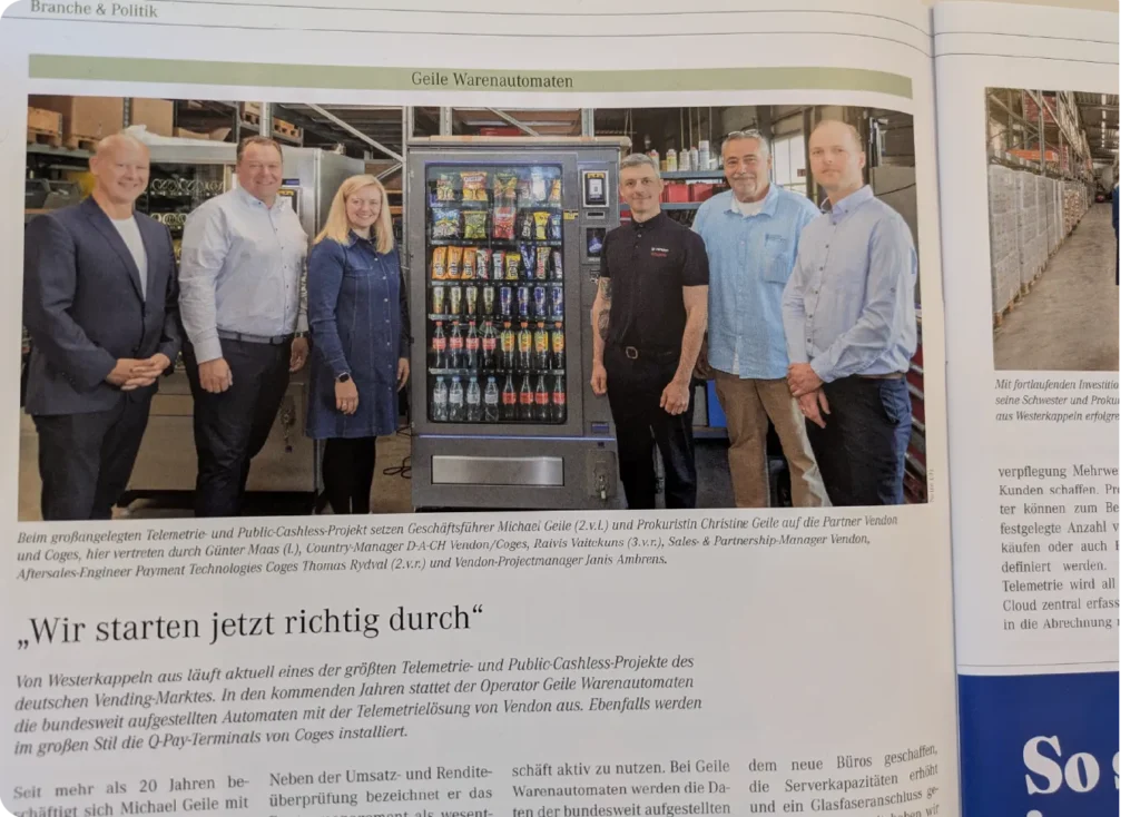VendingSpiegel print article "Wir starten jetzt richtig durch" covering the Geile Warenautomaten telemetry project with Vendon and Coges