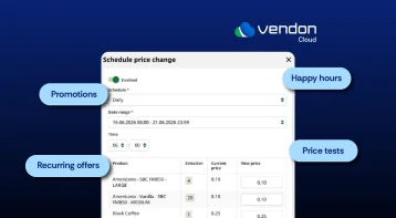 Vendon Cloud Price Change Scheduler showing active, expired and failed price schedules